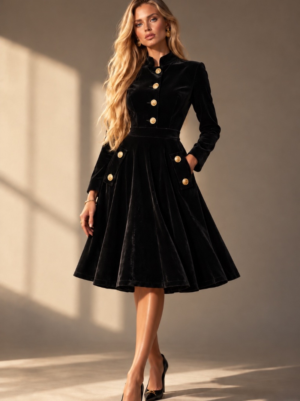 NWT FEIINVAN Black Velvet Fit & Flare Midi Dress S Gold Buttons Pockets